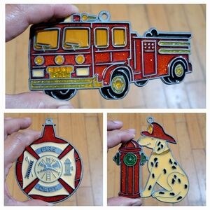 Lot of 3 Vintage Handmade Firemen Themed Sun Catchers Ornaments Metal/Resin